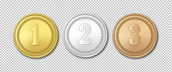 Vetor realista medalhas de ouro, prata e bronze ícone conjunto isolado em fundo transparente. Modelos de design. O primeiro, segundo, terceiro prémios . —  Vetores de Stock