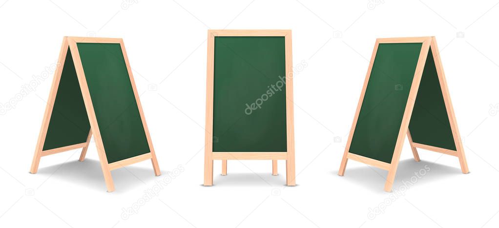Realistic special menu announcement board icon set. Vector clean restaurant outdoor green board background. Mockup of chalkboard for restaurant menu, isolated on white background. Front and side view.