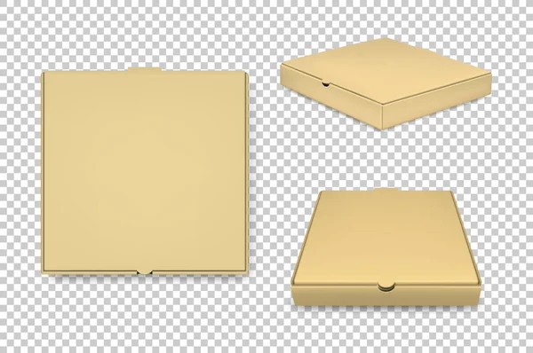 Realistická vektorová hnědé pizza krabice sada ikon. Firemní identita a grafické prvky. Closeup izolované na průhledné pozadí. Šablona návrhu, maketa v Eps10. — Stockový vektor