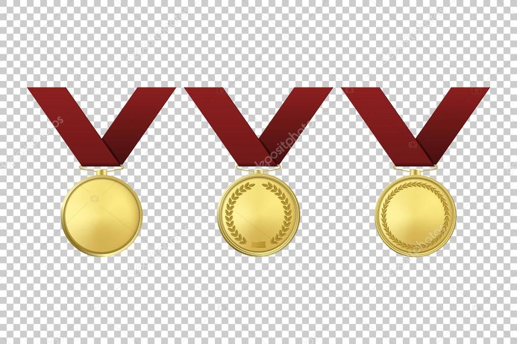 Realistic vector golden award medals icon set. Closeup isolated on transparent background. Design template, mockup in EPS10.