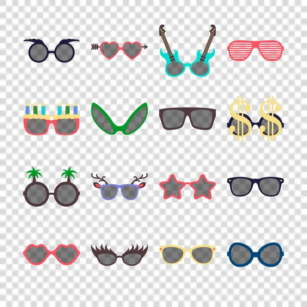 Partij kleurrijke zonnebril pictogrammenset in vlakke stijl geïsoleerd op transparante achtergrond. Ontwerpsjablonen. Eps10. — Stockvector