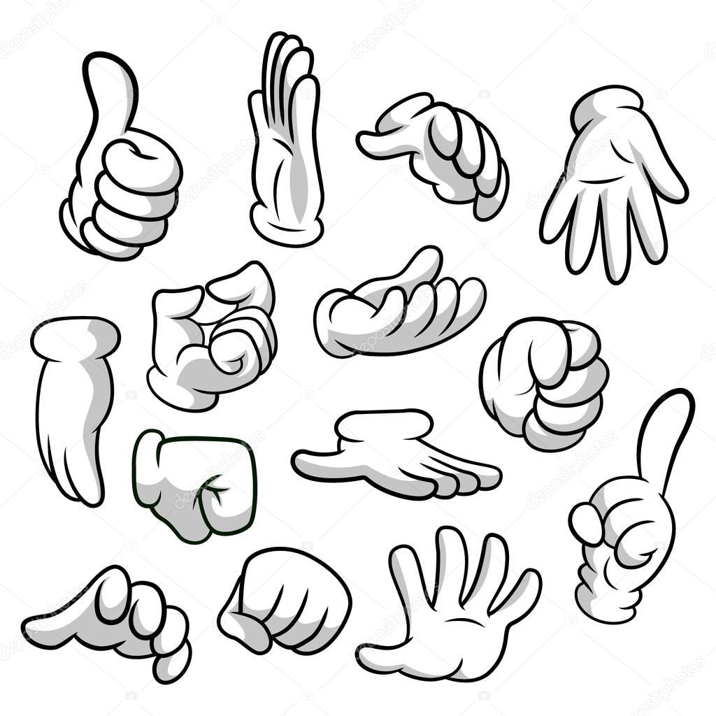 Cartoon hands with gloves icon set isolated on white background. Vector clipart - parts of body, arms in white gloves. Hand gesture collection. Design templates in EPS8.