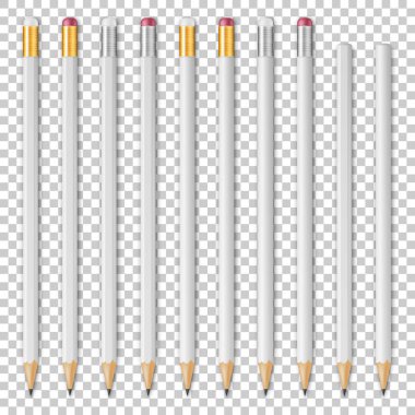Gerçekçi vektör beyaz boş ahşap keskin kalem Icon set. Saydam arka plan üzerinde izole kapatmak. Marka, mockup için şablon tasarlayın. Eps10.