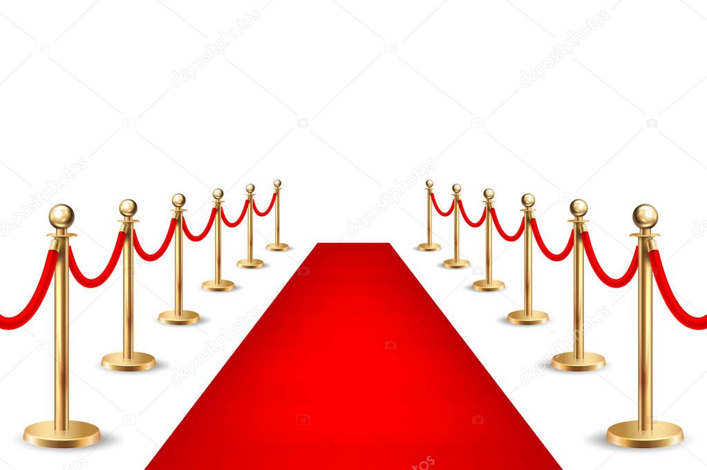 Realistic vector red event carpet and silver barriers isolated on white background. Design template, clipart in EPS10.