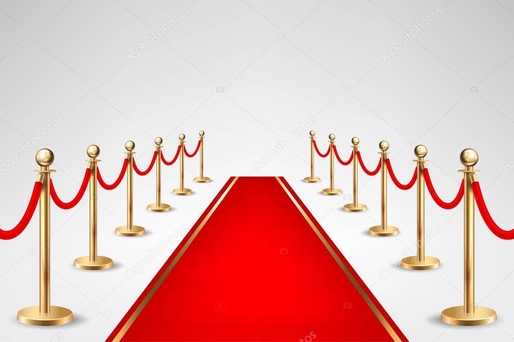 Realistic vector red event carpet and gold barriers isolated on white background. Design template, clipart in EPS10.