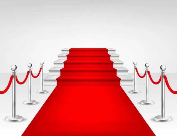 Realistico tappeto evento vettoriale rosso, barriere d'argento e scale bianche isolate su sfondo bianco. Modello di progettazione, clipart in EPS10 . — Vettoriale Stock