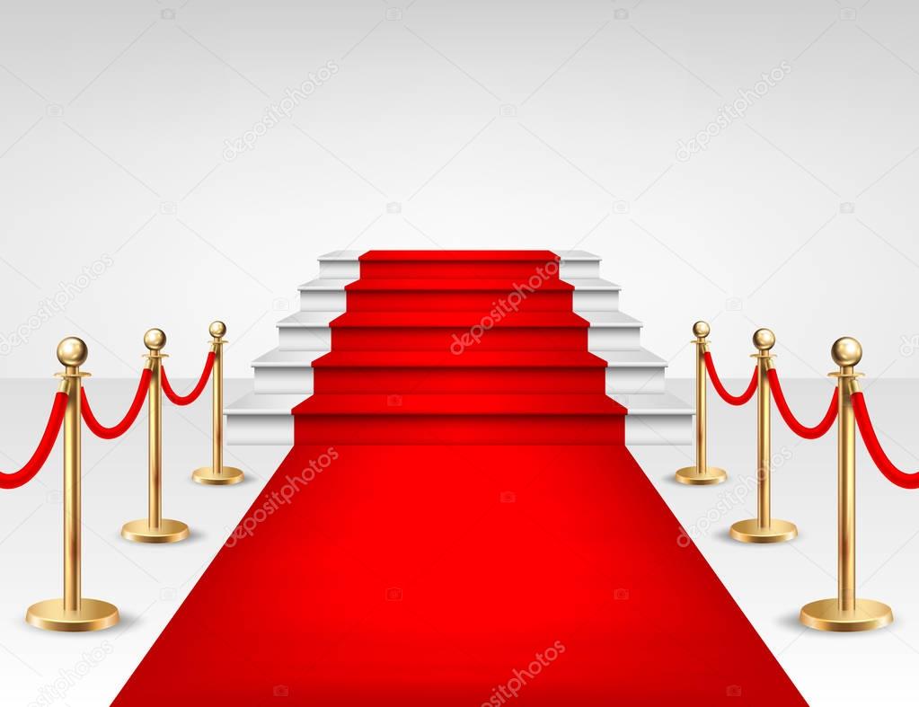 Realistic vector red event carpet, gold barriers and white stairs isolated on white background. Design template, clipart in EPS10.