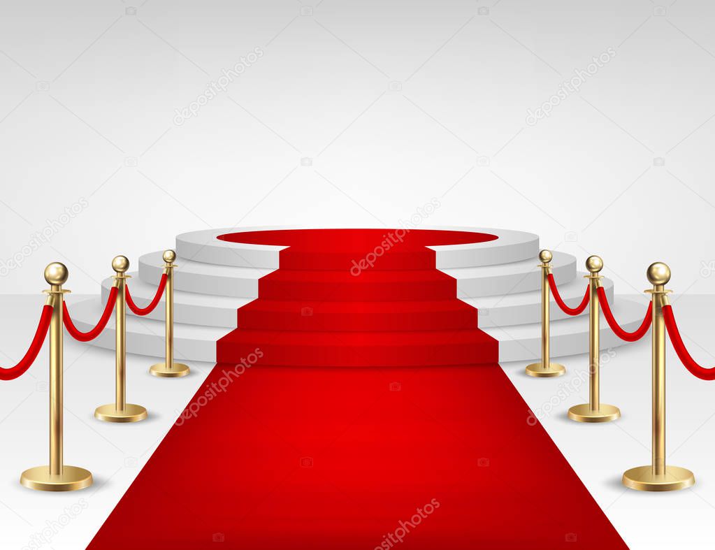 Realistic vector red event carpet, gold barriers and white stairs isolated on white background. Design template, clipart in EPS10.
