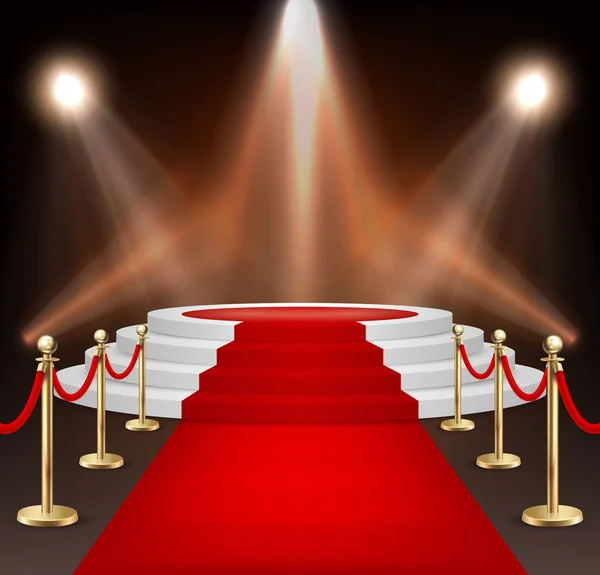 Tapete de evento vermelho vetorial realista, barreiras de ouro e escadas brancas isoladas em fundo branco. Modelo de projeto, clipart em EPS10 . —  Vetores de Stock