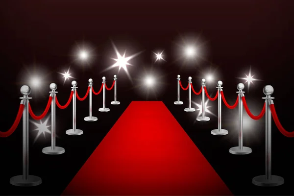 Vettore realistico tappeto evento rosso, barriere d'argento e lampi. Modello di progettazione in EPS10 . — Vettoriale Stock