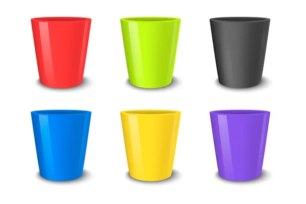 Vetor realista conjunto vaso de flores vazio, cores brilhantes vermelho, verde, azul e amarelo. Fechar isolado sobre fundo branco. Modelo de design para branding, mockup. EPS10 . —  Vetores de Stock