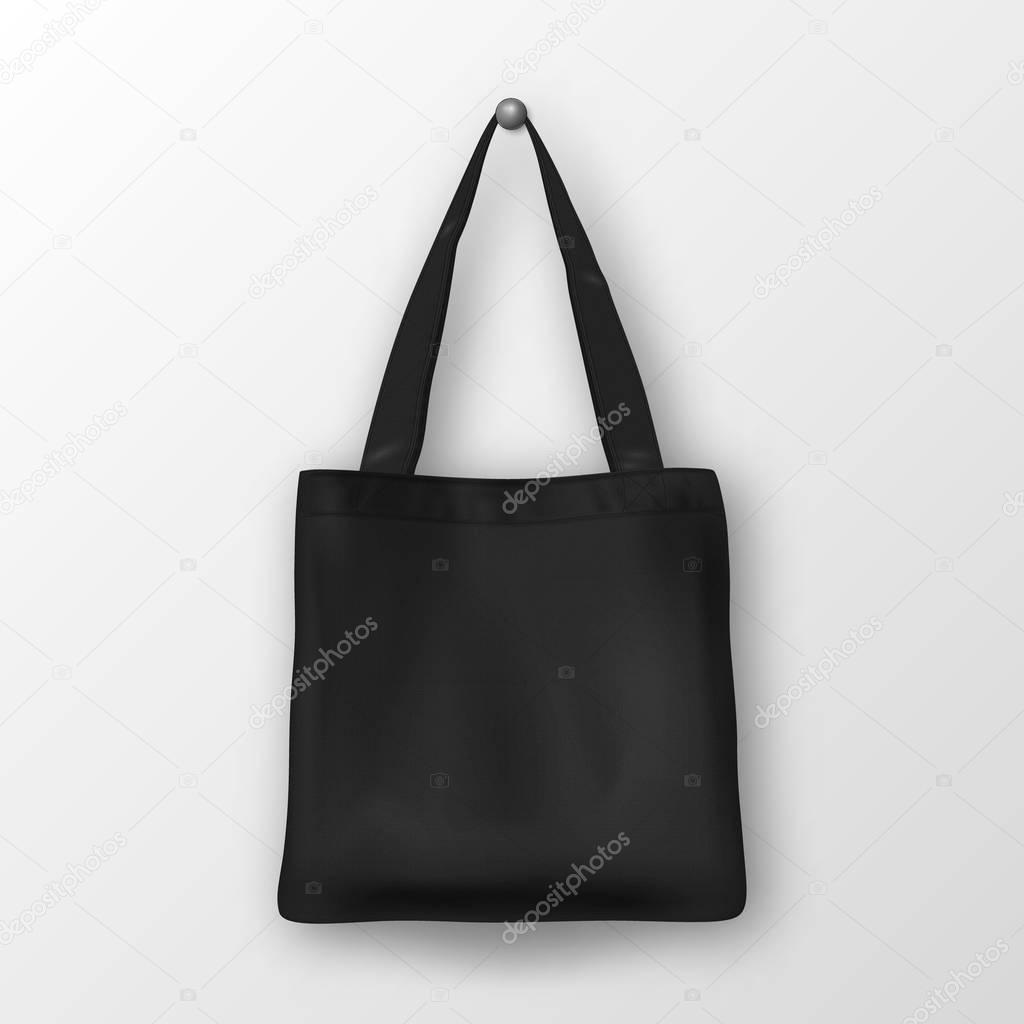 Realistic vector black empty textile tote bag. Closeup isolated on white background. Design template for branding, mockup. EPS10 illustration.