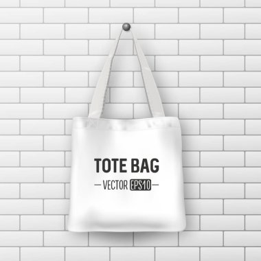 Gerçekçi vektör beyaz Tekstil taşıma çantası. Closeup tuğla duvar arka plan üzerinde. Marka, mockup için şablon tasarlayın. Eps10.