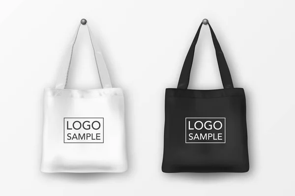 Realistic vector black and white empty textile tote bag icon set. Closeup isolated on white background. Design templates for branding, mockup. EPS10. — Stock Vector