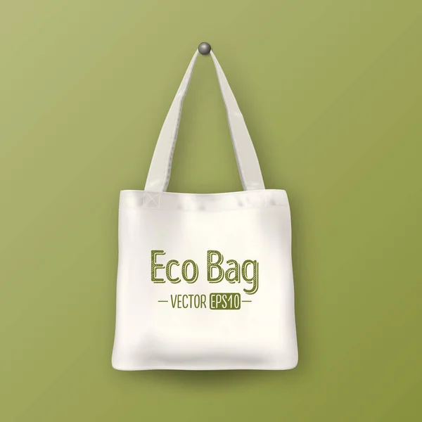 Realistische vector witte lege textiel tote tas. Close-up op groene achtergrond. Ontwerpsjabloon voor branding, mockup. Eps10. — Stockvector