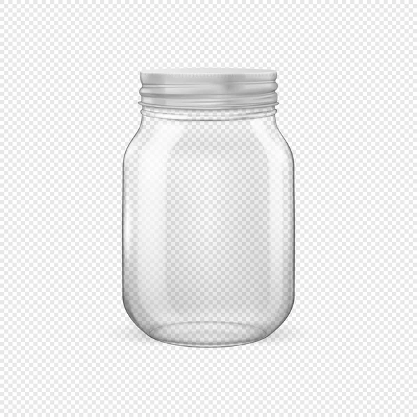 Vetor realista frasco de vidro vazio para enlatamento e preservação com tampa prateada closeup isolado em fundo transparente. Modelo de design para anunciar, branding, mockup. EPS10 . —  Vetores de Stock