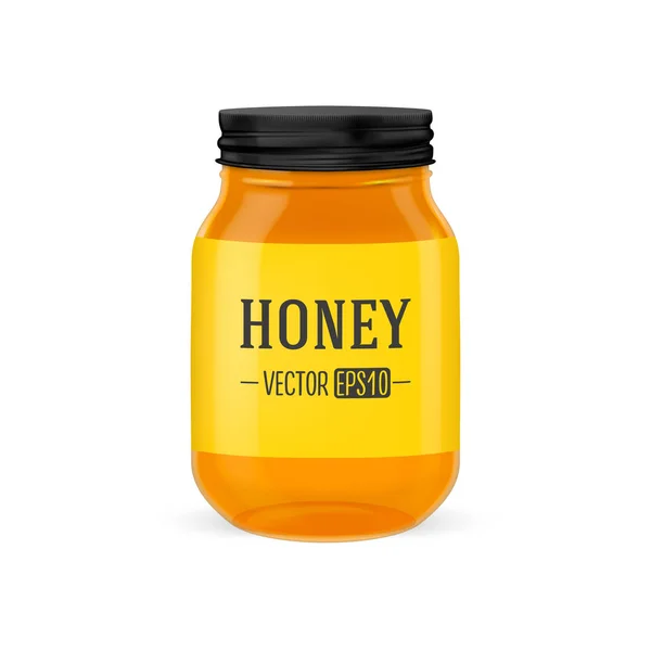 Vecteur réaliste pot en verre de miel avec couvercle noir gros plan isolé sur fond blanc. Modèle de conception pour la publicité, l'image de marque, la maquette. PSE10 . — Image vectorielle