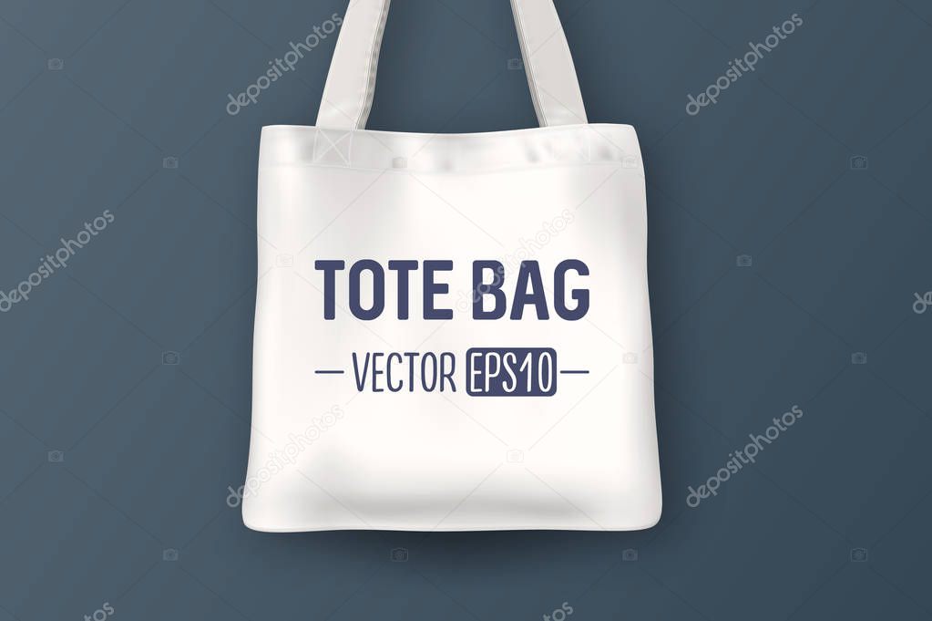 Realistic vector white empty textile tote bag. Closeup on blue background. Design template for branding, mockup. EPS10.