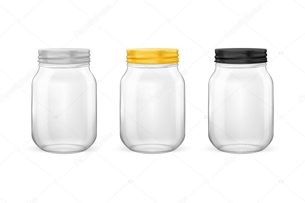 Vector realistic empty glass jar for canning and preserving set with silvery, golden and black lids closeup isolated on white background. Design templates for advertise, branding, mockup. EPS10.