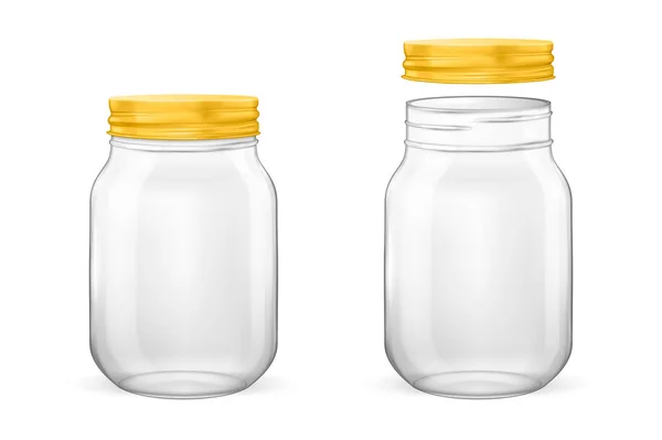 矢量现实空玻璃瓶罐头和保存集金盖-打开和关闭-白色背景上孤立的特写。设计广告，品牌，样机的模板。Eps10. — 图库矢量图片