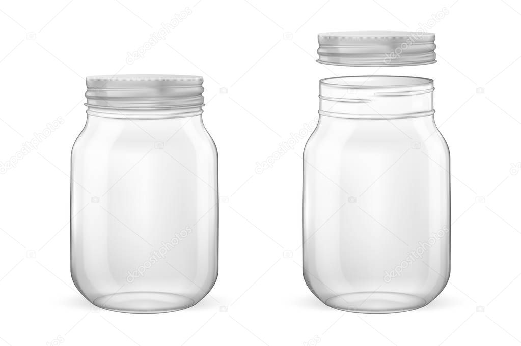 Vector realistic empty glass jar for canning and preserving set with silvery lid - open and closed - closeup isolated on white background. Design template for advertise, branding, mockup. EPS10.