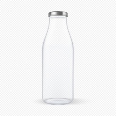Vektör gerçekçi şeffaf kapalı boş bardak süt şişesi üzerinde şeffaf arka plan izole gümüş kapak closeup ile. Tasarım şablonu için reklam, marka, mockup. Eps10.