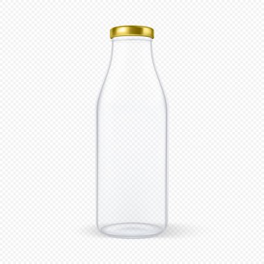 Vektör gerçekçi şeffaf kapalı boş bardak süt şişesi üzerinde şeffaf arka plan izole altın kapak closeup ile. Tasarım şablonu için reklam, marka, mockup. Eps10.