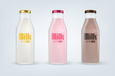 Vektör gerçekçi kapalı bardağı süt şişesi beyaz arka plan üzerinde izole kapatmak ayarlayın. Vanilya, çilek ve çikolata lezzet. Tasarım şablonu için reklam, marka, mockup. Eps10.