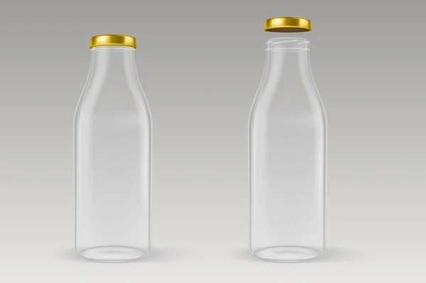 Vector realista transparente cerrado y abierto botella de leche de vidrio vacío conjunto con tapa dorada primer plano aislado sobre fondo gris. Plantilla de diseño para publicidad, branding, maqueta. EPS10 . — Archivo Imágenes Vectoriales