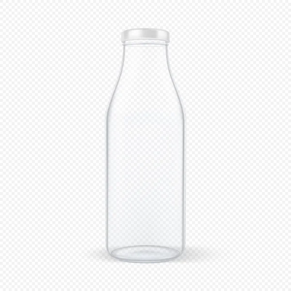 Векторные реалистичные прозрачные закрытые пустые стеклянные бутылки молока с белой крышкой крупным планом изолированы на прозрачном фоне. Дизайн искушает рекламой, брендингом, макетом. S10 . — стоковый вектор