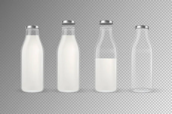 Vector realista transparente cerrado y abierto vacío y lleno botella de leche de vidrio conjunto con tapa plateada primer plano aislado sobre fondo transparente. Plantilla de diseño para publicidad, branding, maqueta. EPS10 . — Archivo Imágenes Vectoriales