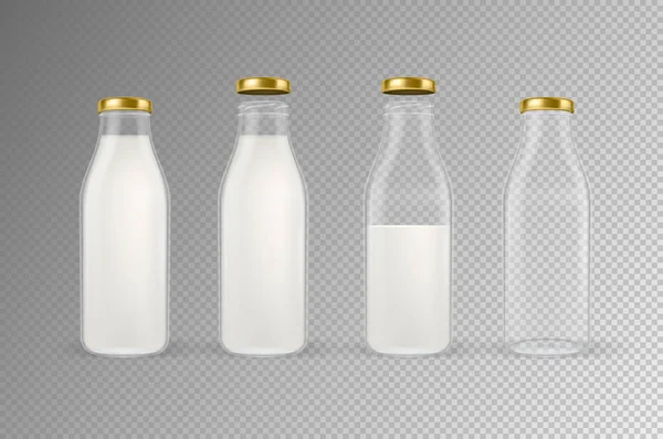 Вектор реалистичный прозрачный закрытый и открытый пустой и полный комплект стеклянной бутылки молока с золотой крышкой крупным планом изолирован на прозрачном фоне. Дизайн искушает рекламой, брендингом, макетом. S10 . — стоковый вектор