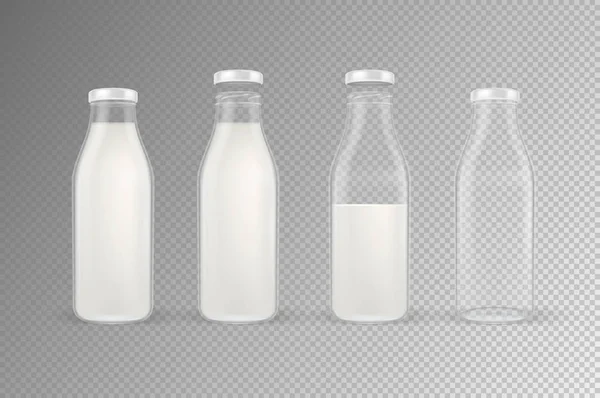 Wektor realistyczne przezroczyste ZAMKNIĘTA i otwarta pusta i pełna mleka butelki zestaw z białej pokrywy zbliżenie na przezroczystym tle. Zaprojektuj szablon dla reklama, branding, makieta. Eps10. — Wektor stockowy