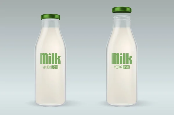 Vector realista cerrado y abierto botella de leche de vidrio completo conjunto con tapa verde primer plano sobre fondo gris. Plantilla de diseño para publicidad, branding, maqueta. EPS10 . — Archivo Imágenes Vectoriales