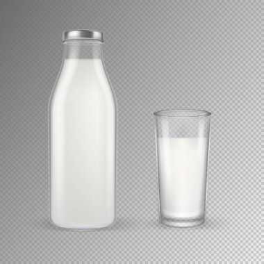Vektör gerçekçi şeffaf kapalı tam cam süt şişe ve bardak süt ile şeffaf arka plan üzerinde izole kapatmak ayarlayın. Tasarım şablonu için reklam, marka, mockup. Eps10.