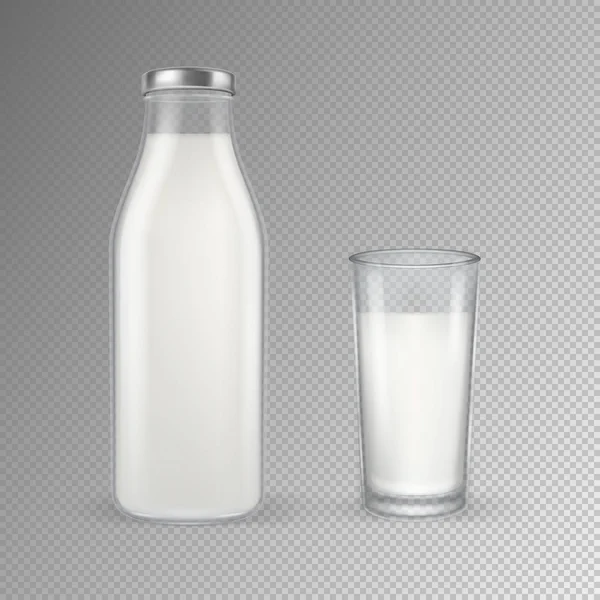 Vector realista transparente cerrado botella de leche de vidrio completo y vidrio con primer plano conjunto de leche aislado sobre fondo transparente. Plantilla de diseño para publicidad, branding, maqueta. EPS10 . — Archivo Imágenes Vectoriales