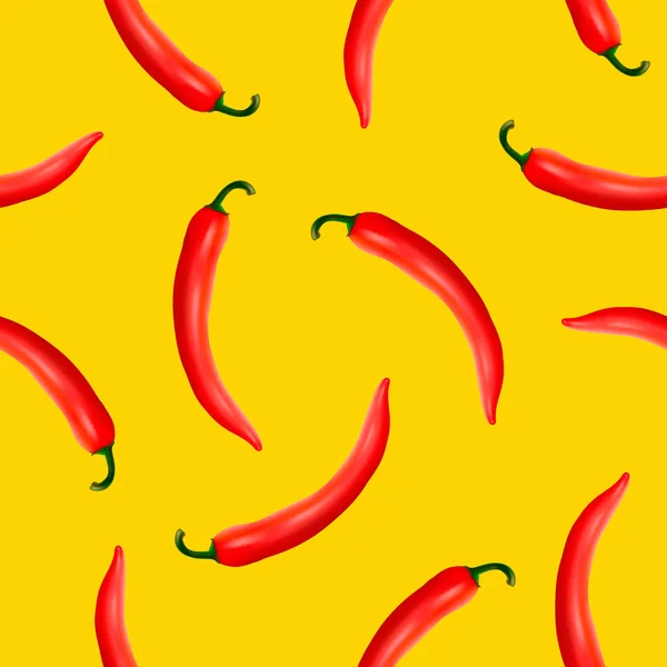 Padrão sem costura vetorial com pimentas naturais quentes vermelhas realistas em um fundo amarelo. EPS10 . — Vetor de Stock
