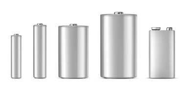 Vektör gerçekçi beyaz alkalin batteriy Icon set. Diffrent boyut - Aaa, Aa, C, D, marka, mockup Pp3. tasarım şablonunda. Beyaz arka plan üzerinde izole kapatmak. Hisse senedi vektör.