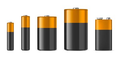 Vektör gerçekçi alkalin batteriy Icon set. Diffrent boyut - Aaa, Aa, C, D, marka, mockup Pp3. tasarım şablonunda. Beyaz arka plan üzerinde izole kapatmak. Hisse senedi vektör.
