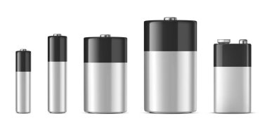 Vektör gerçekçi alkalin batteriy Icon set. Diffrent boyut - Aaa, Aa, C, D, marka, mockup Pp3. tasarım şablonunda. Beyaz arka plan üzerinde izole kapatmak. Hisse senedi vektör.