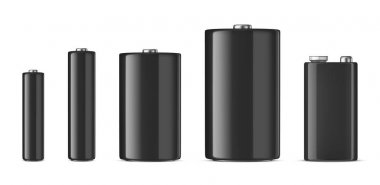 Vektör gerçekçi siyah alkalin batteriy Icon set. Diffrent boyut - Aaa, Aa, C, D, marka, mockup Pp3. tasarım şablonunda. Beyaz arka plan üzerinde izole kapatmak. Hisse senedi vektör.