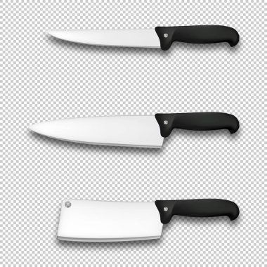 Çatal bıçak takımı Icon set - vektör gerçekçi farklı mutfak bıçak closeup şeffaf arka plan üzerinde izole. Marka, mockup için şablon tasarlayın. Eps10 hisse senedi vektör.