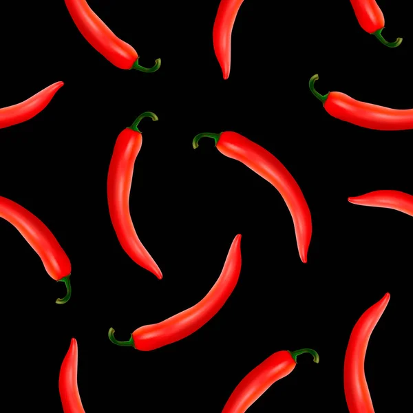 Patrón sin costura vectorial con chiles naturales rojos picantes realistas sobre un fondo negro. EPS10 . — Vector de stock