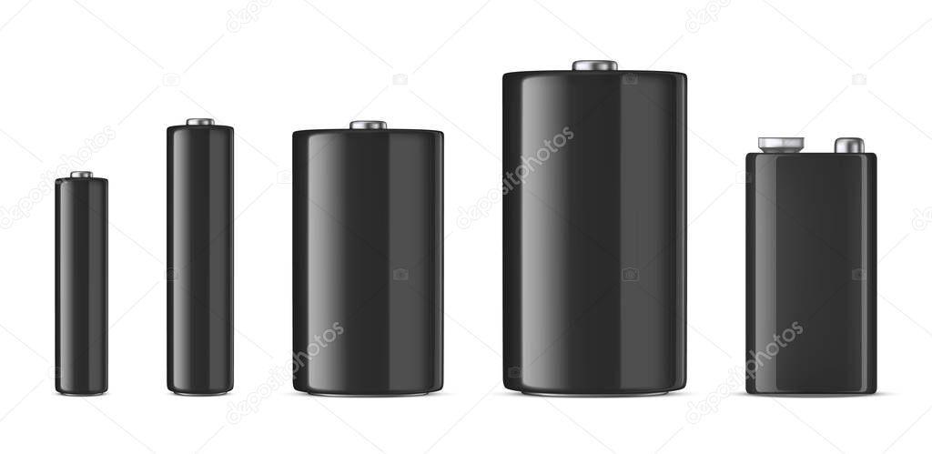 Vector realistic black alkaline batteriy icon set. Diffrent size - AAA, AA, C, D, PP3. Design template for branding, mockup. Closeup isolated on white background. Stock vector.