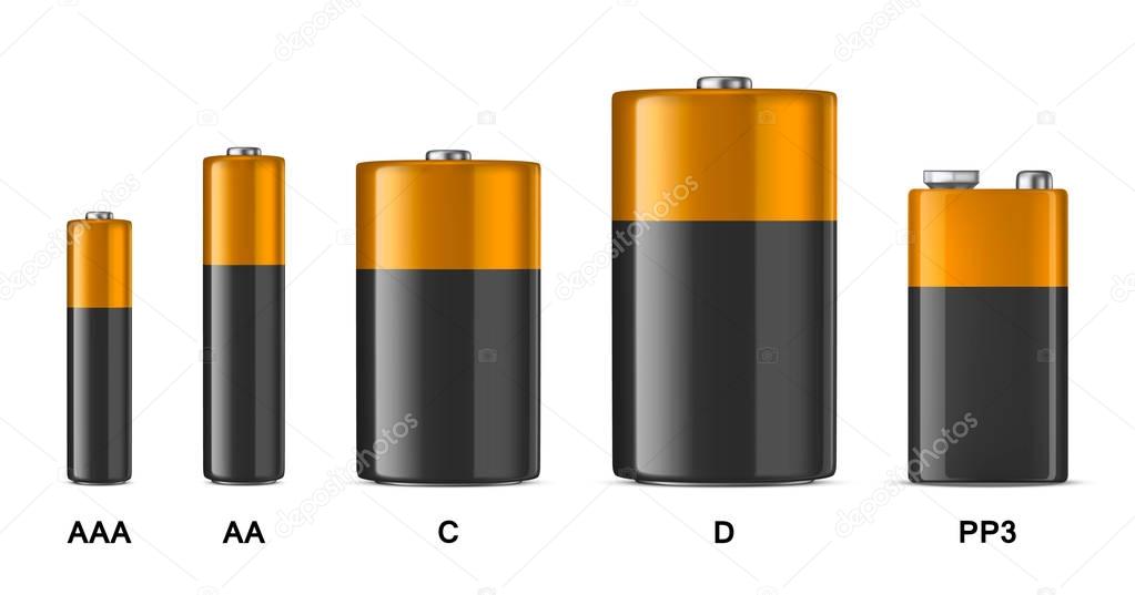 Vector realistic alkaline batteriy icon set. Diffrent size - AAA, AA, C, D, PP3. Design template for branding, mockup. Closeup isolated on white background. Stock vector.