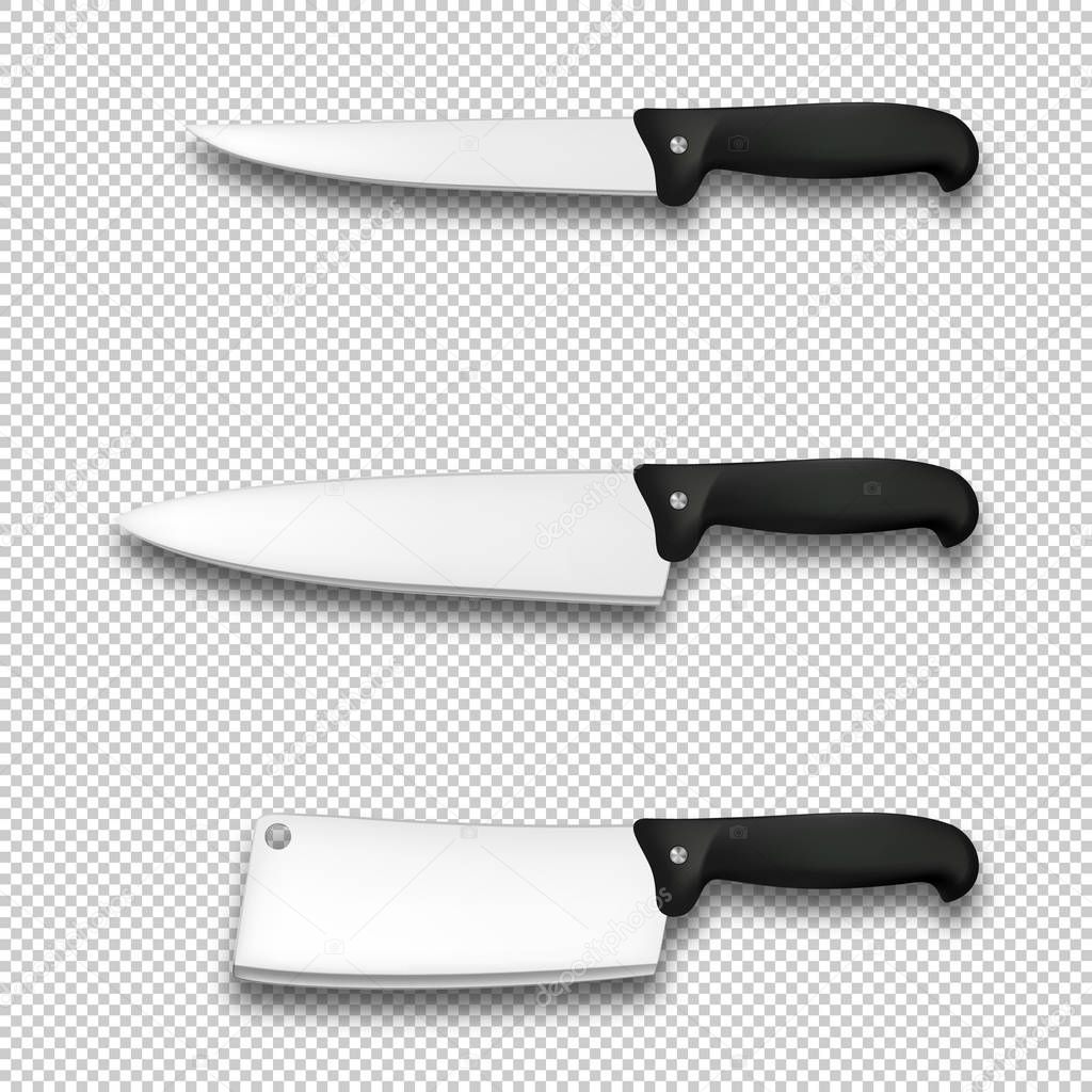 Cutlery icon set - vector realistic diffrent kitchen knives closeup isolated on transparent background. Design template for branding, mockup. EPS10 stock vector.