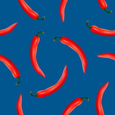 Vektör seamless modeli gerçekçi kırmızı sıcak doğal chili biber ile mavi bir arka plan üzerinde. Eps10.