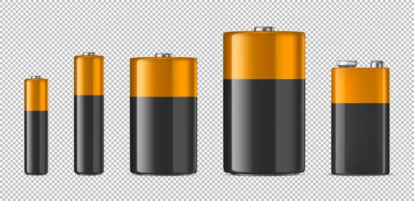 Conjunto de ícones de bateria alcalina realista vetorial. Dimensão diferente - AAA, AA, C, D, PP3. Modelo de design para branding, mockup. Fechar isolado em fundo transparente. Vetor . — Vetor de Stock