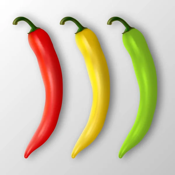 Vektor reális piros, sárga és zöld forró természetes chili paprika ikonkészlet Vértes elszigetelt fehér háttér - felülnézet. Kulináris design sablon. Eps10. — Stock Vector