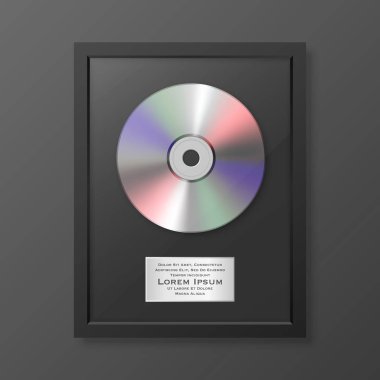 Gerçekçi vektör cd ve parlak siyah çerçeve simgesi portre siyah arka plan üzerine izole etiketinde. Tek albümde disk Ödülü. Tasarım şablonu. Hisse senedi vektör mockup. Eps10.